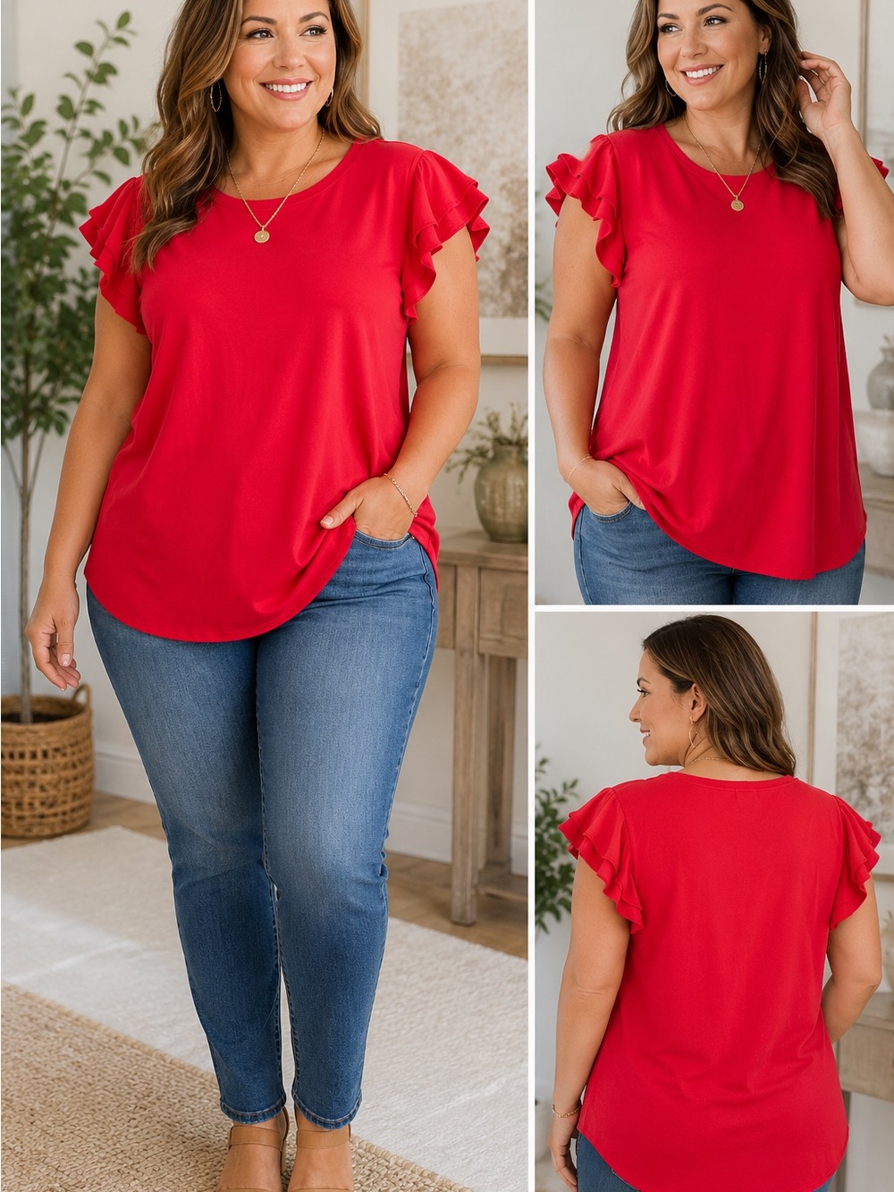 Crown & Ivy Bright Pink Flutter Sleeve Top Plus Size 2X Soft Stretch Blouse